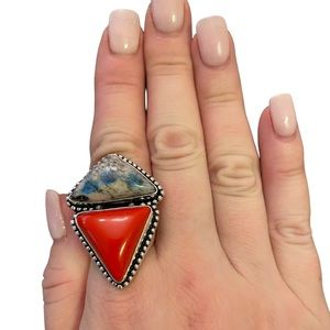 K2 & Red Coral Silver Ring Size 8